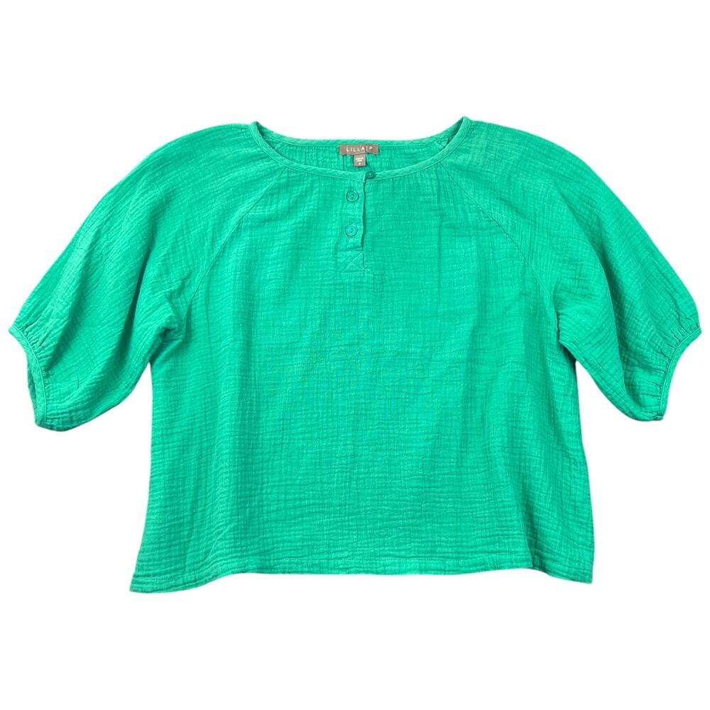 Lilla P Green Cotton Gauze Balloon Sleeve Henley Blouse Top Boxy Crop Size S